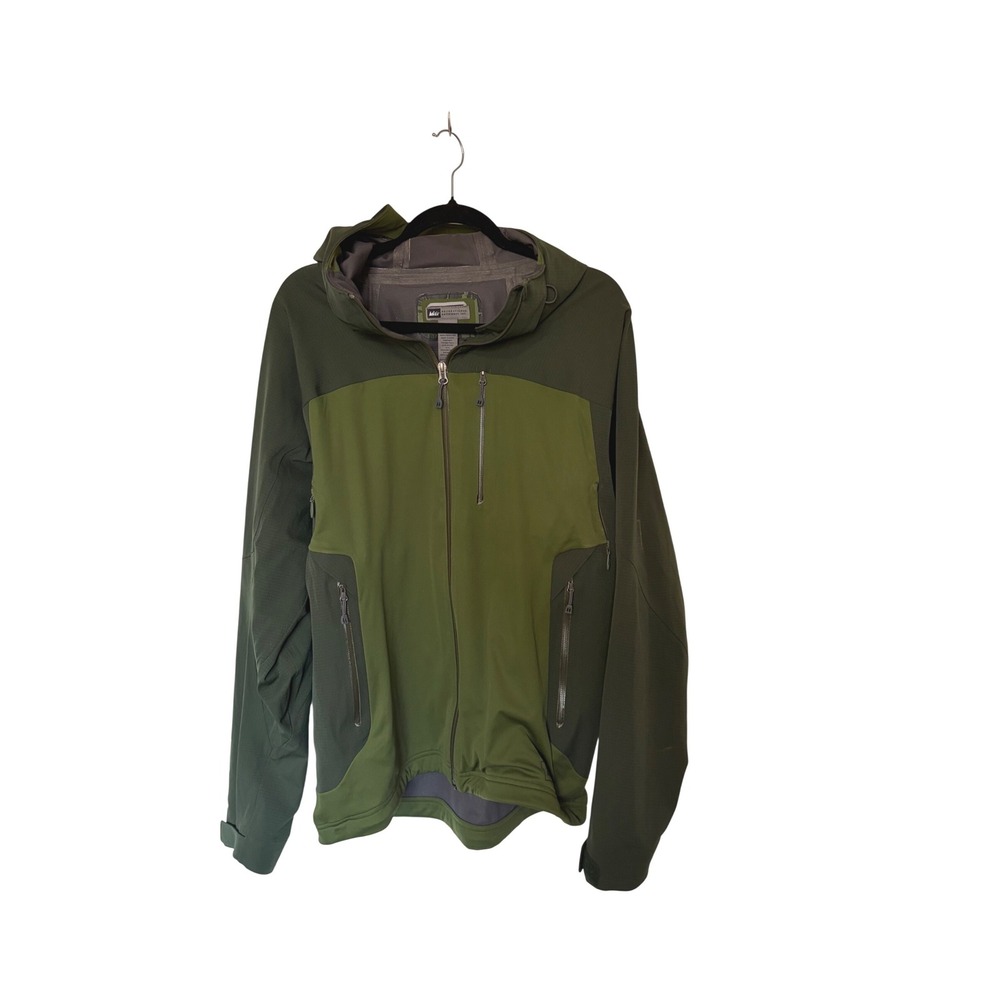 REI Mens Softshell Hooded Jacket Green Full Zip Outdoor Hiking Coat Large‎